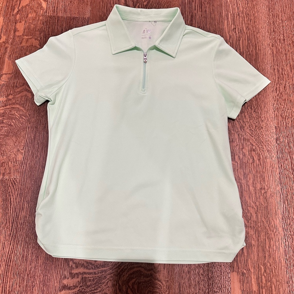 Women’s size large short sleeve athletic top with collar and quarter zip lime